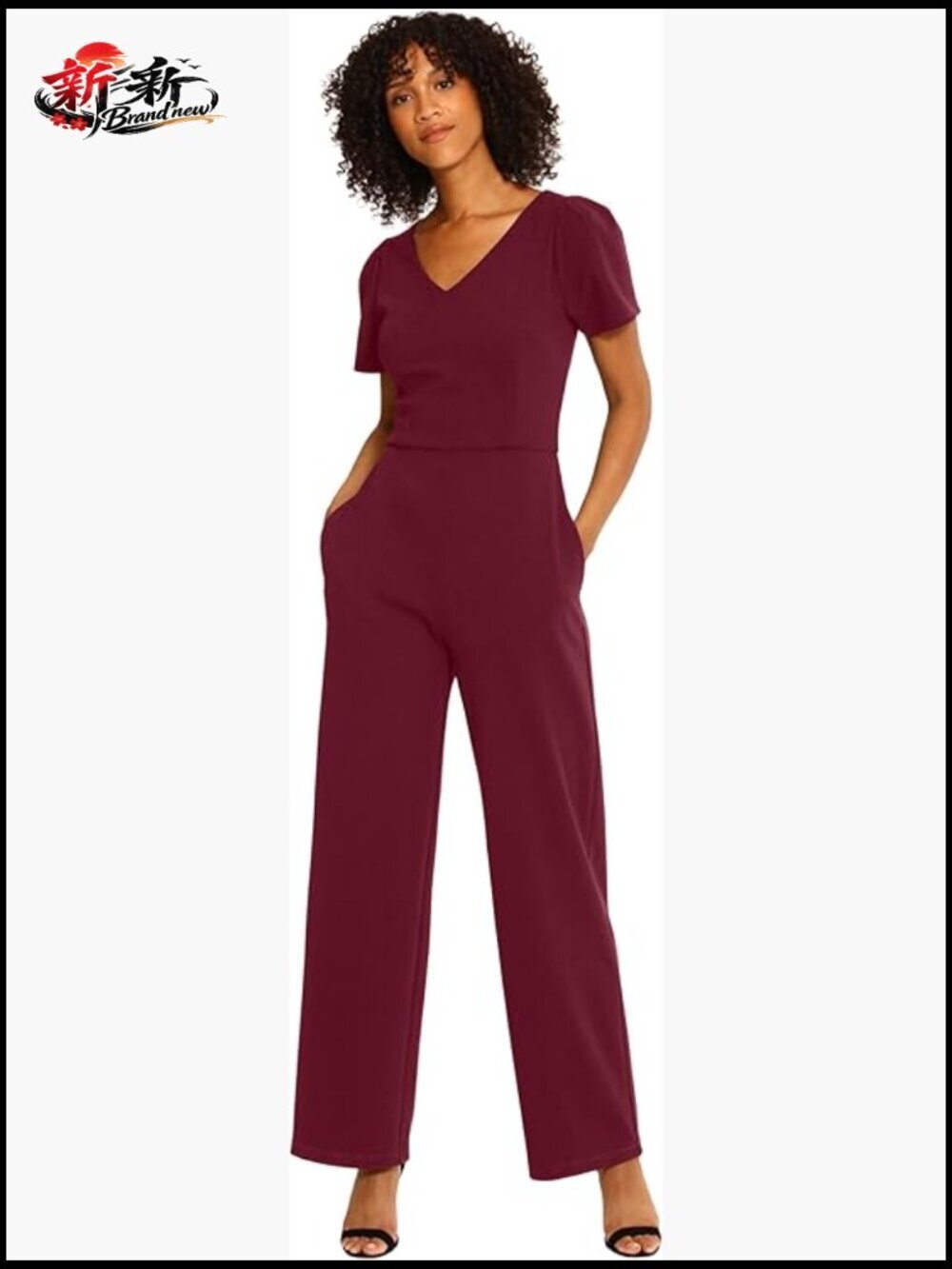 V-Neck Short Sleeve Jumpsuit with Pockets, Polyester Spandex